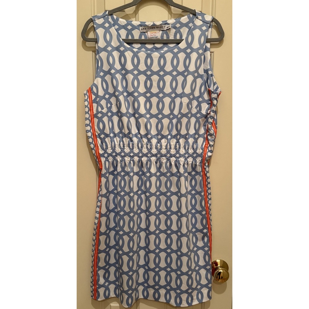 Gretchen Scott V‎ Neck Geometric Blue Sleeveless A Line Sheath Dress XL